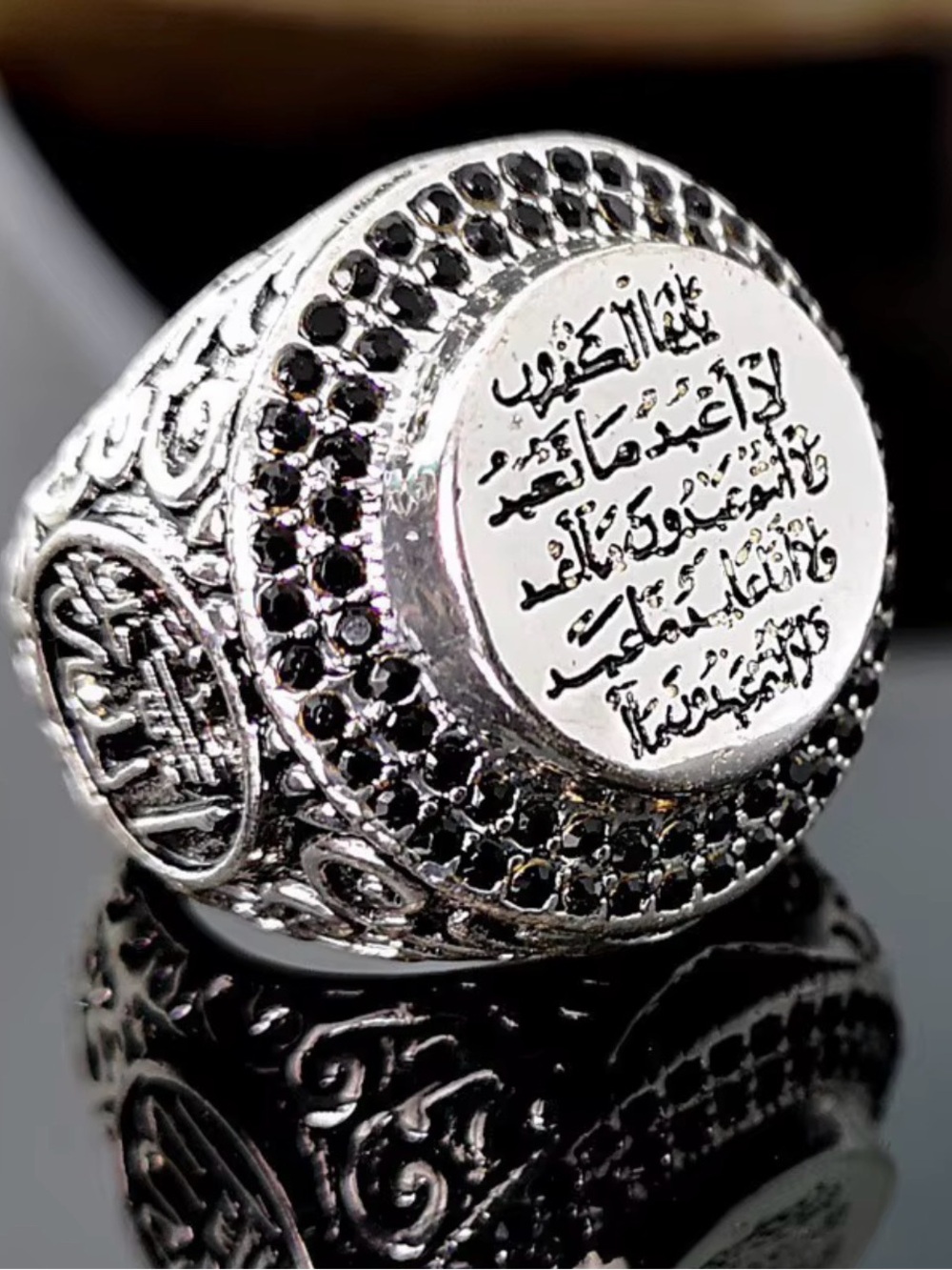 Sterling-Inspired Men's Silver Ring with Black Accents and Arabic Engraving